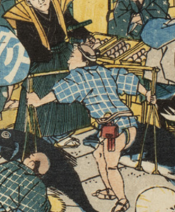 Detail of Japanese woodblock print showing porter in short jacket with tobacco pouch and netsuke in belt carrying fish
