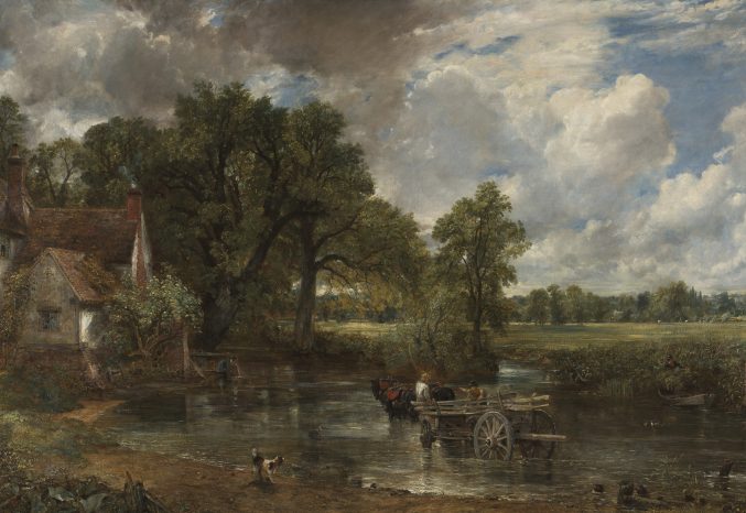 The Hay Wain oil painting featuring a rural farmscape