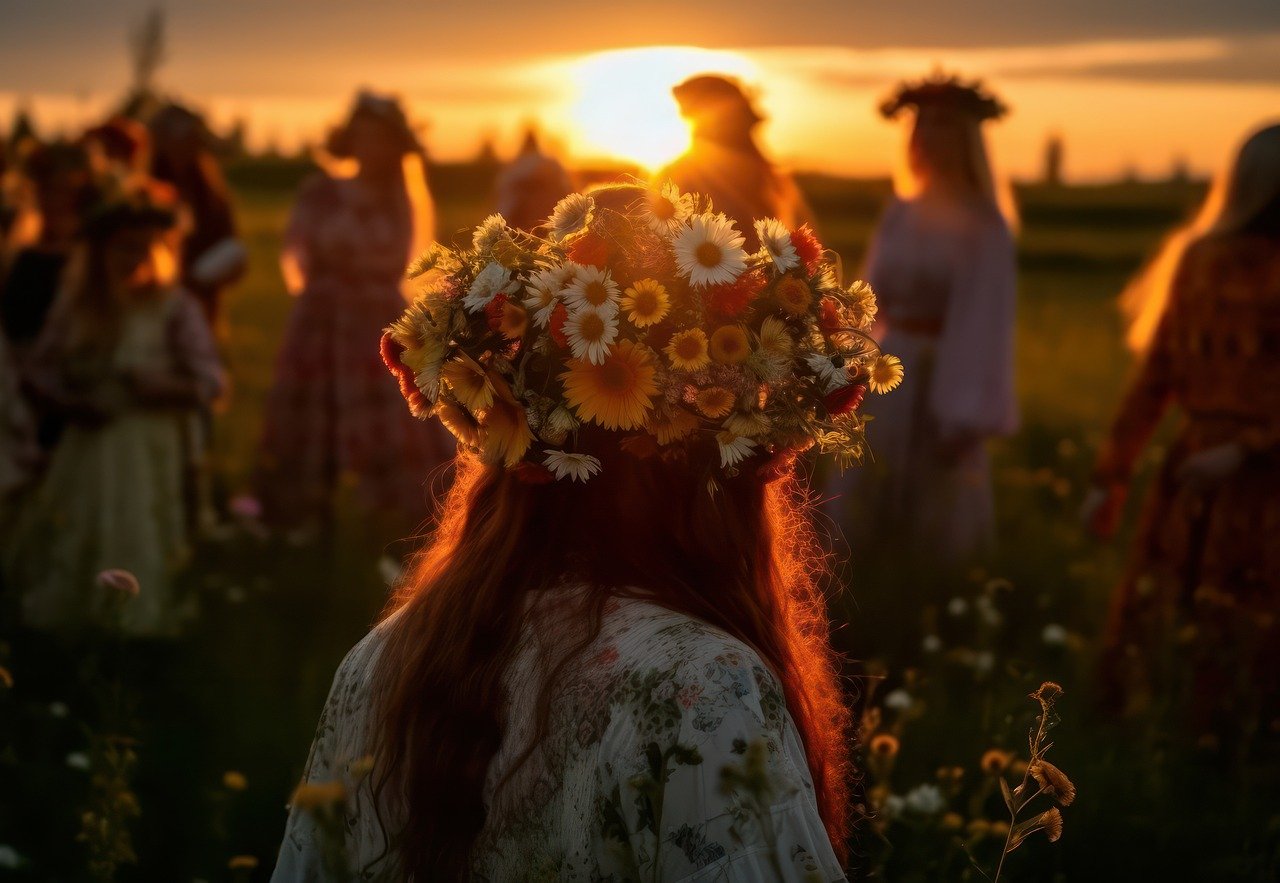 A woman with long brown hair wearing a flower crown sat in a field is staring at the sunset.